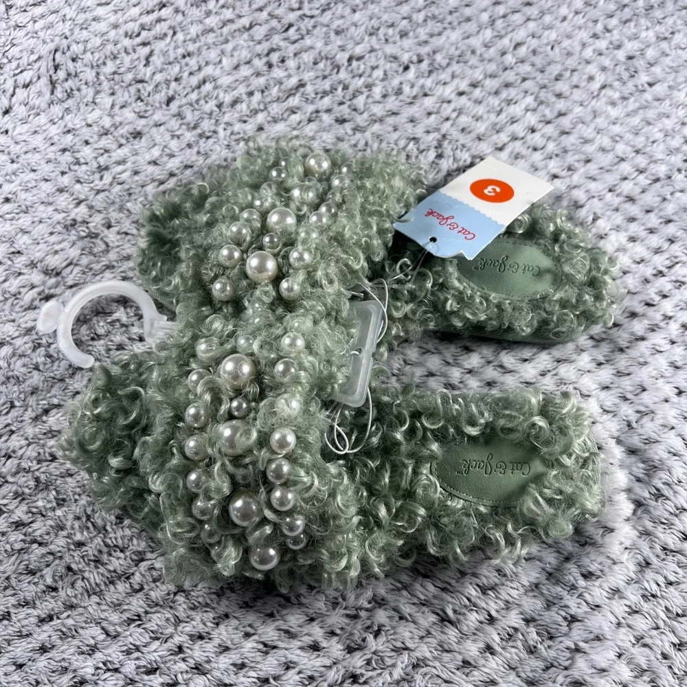 Cat Jack‎ Toddler Girls Slippers Size 3 Mint Green Faux Fur Pearl Embellished